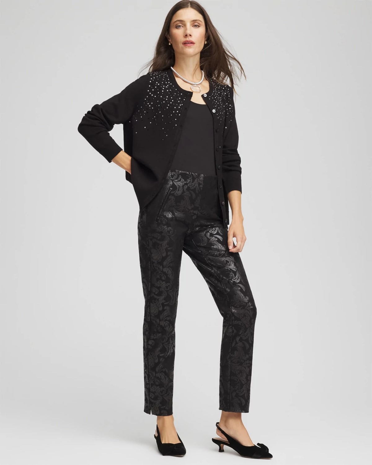 Chico's Ella Ombr Rhinestone Cardigan Sweater In Black In Black