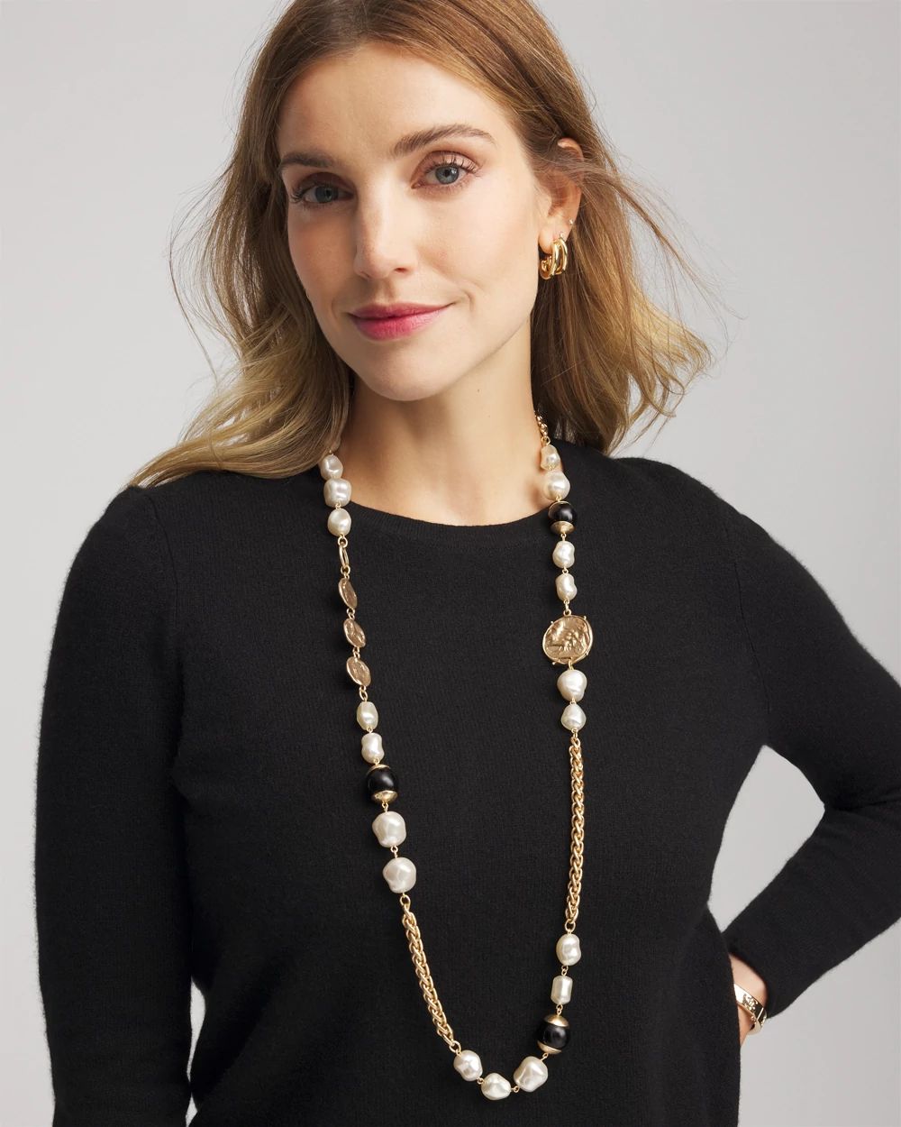 Gold Pearl Long Single-Strand Necklace