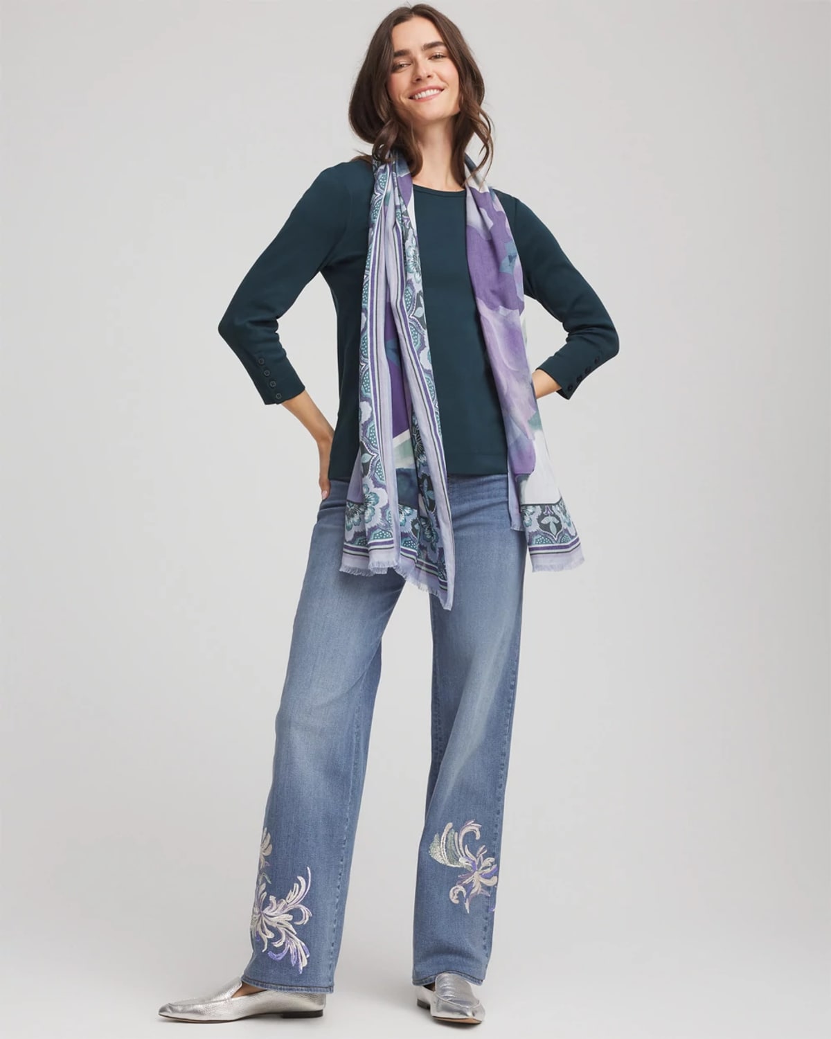 Chico's Pima Cotton Crewneck Button Tee In Teal Shadow