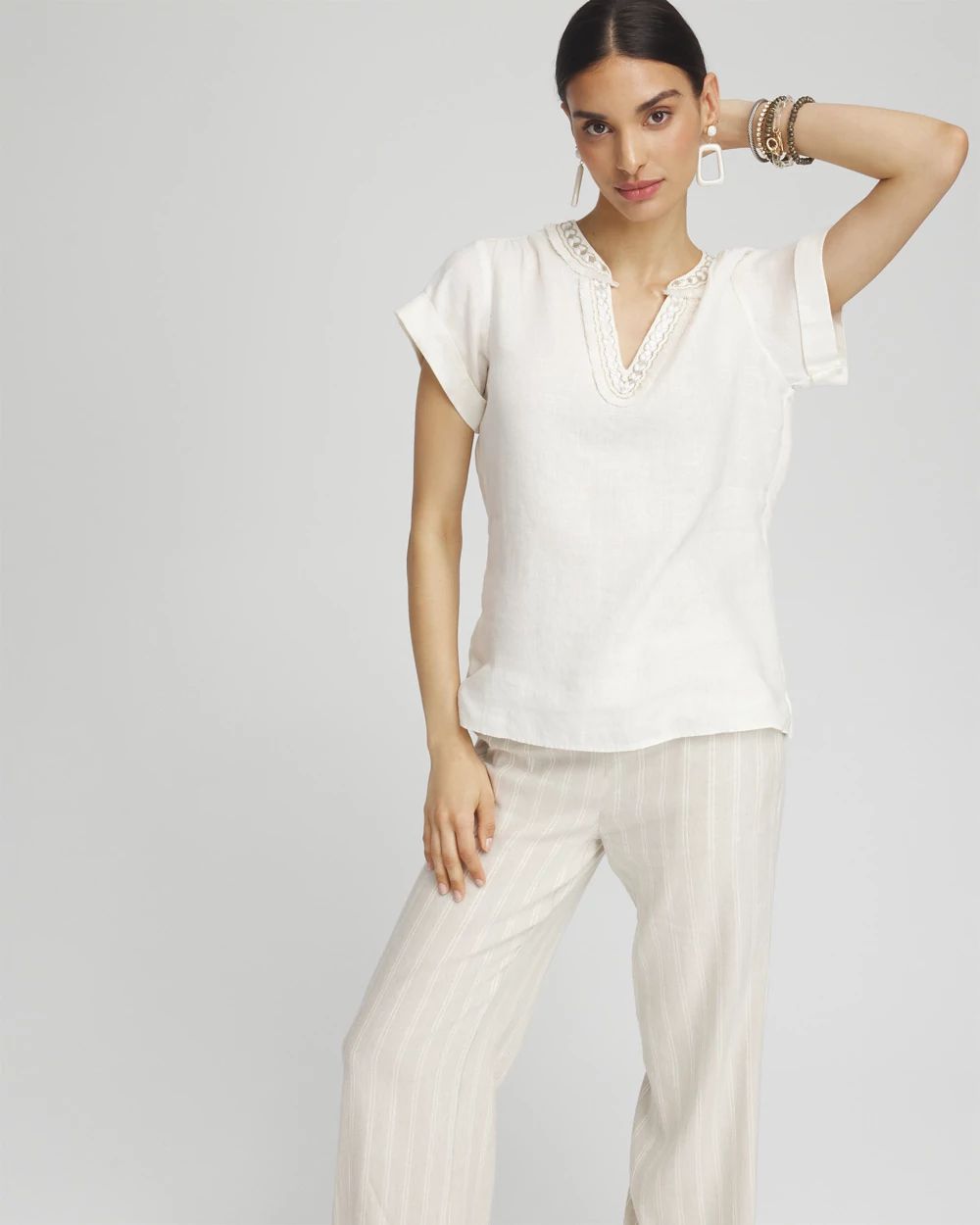 Linen Embellished Neck Top