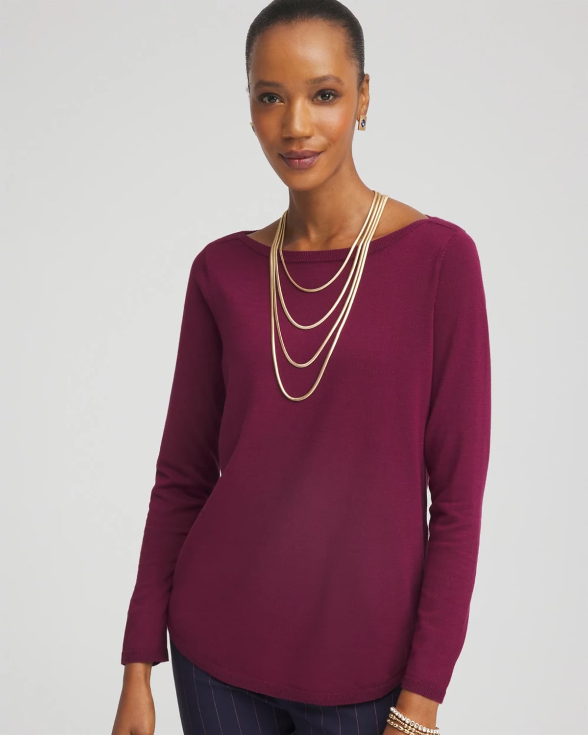 Chico's Ella Ribbed-bateau Pullover Sweater In Deep Chianti In Purple
