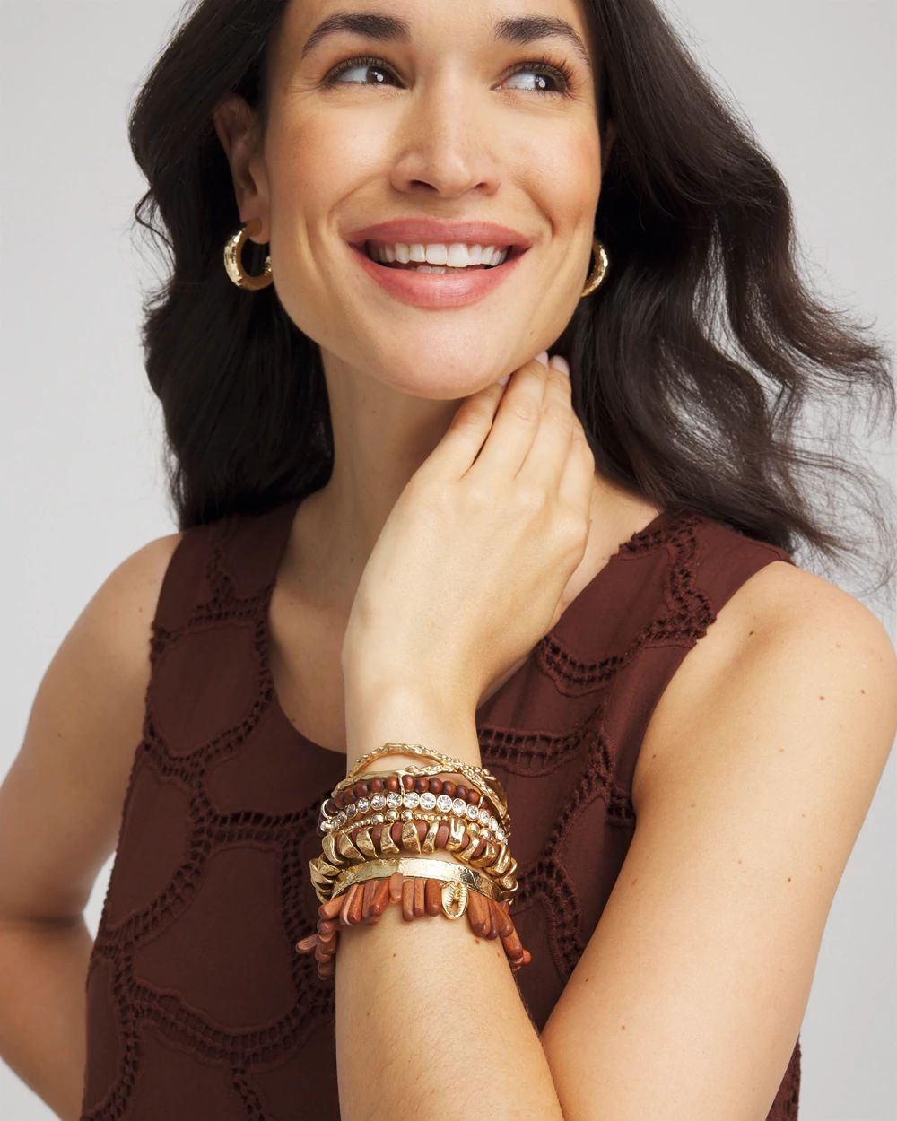 Walnut-Wood-Motif Goldtone Beaded Bracelet click to view larger image.