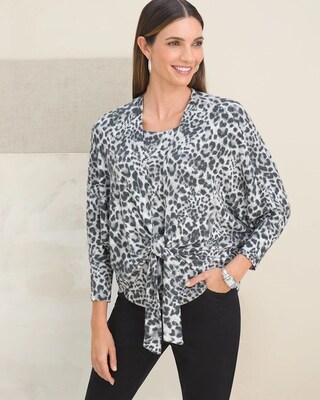 Animal-Print Cozy Knit Tie Cardigan