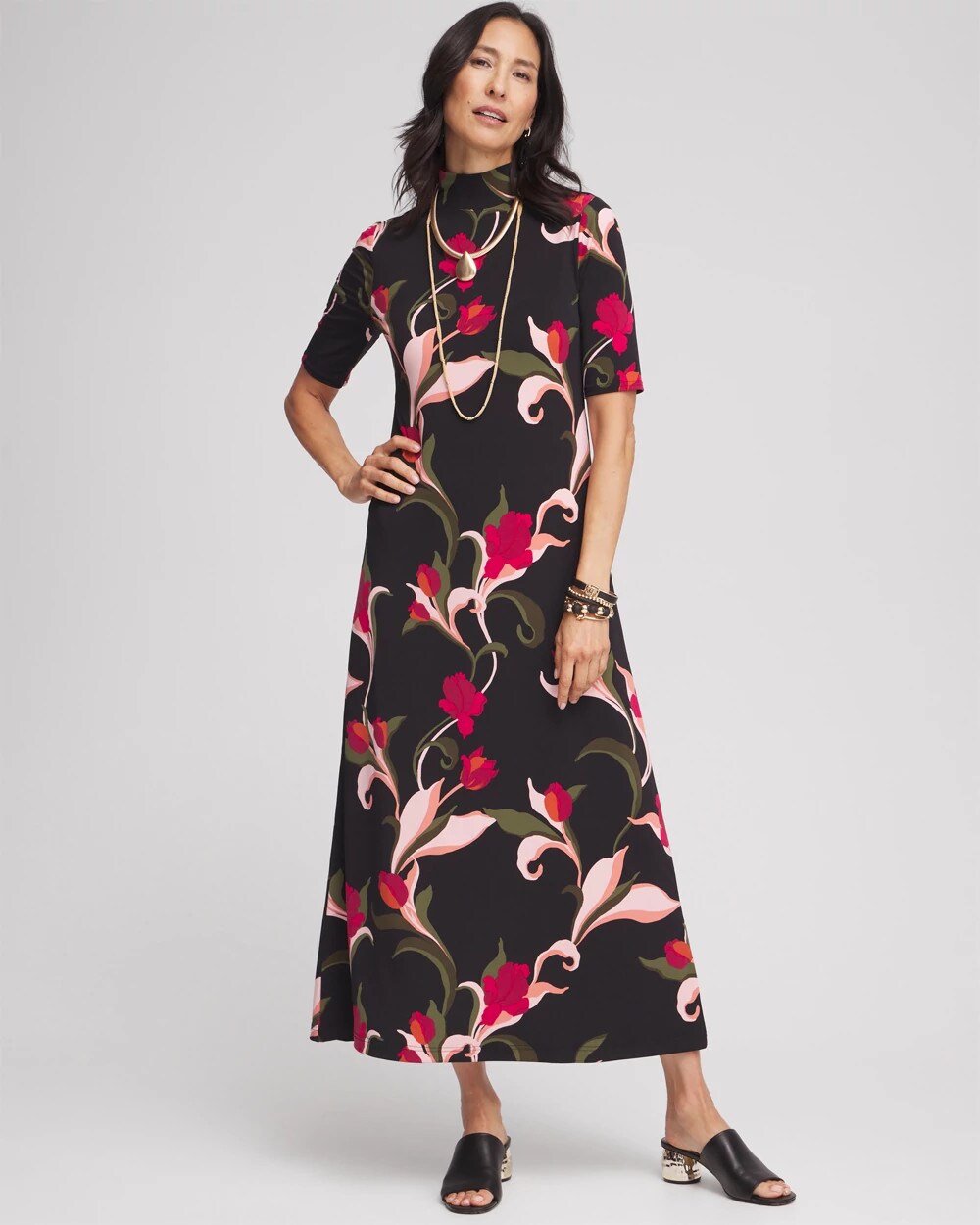 Elbow-sleeve Mock Neck Maxi Dress