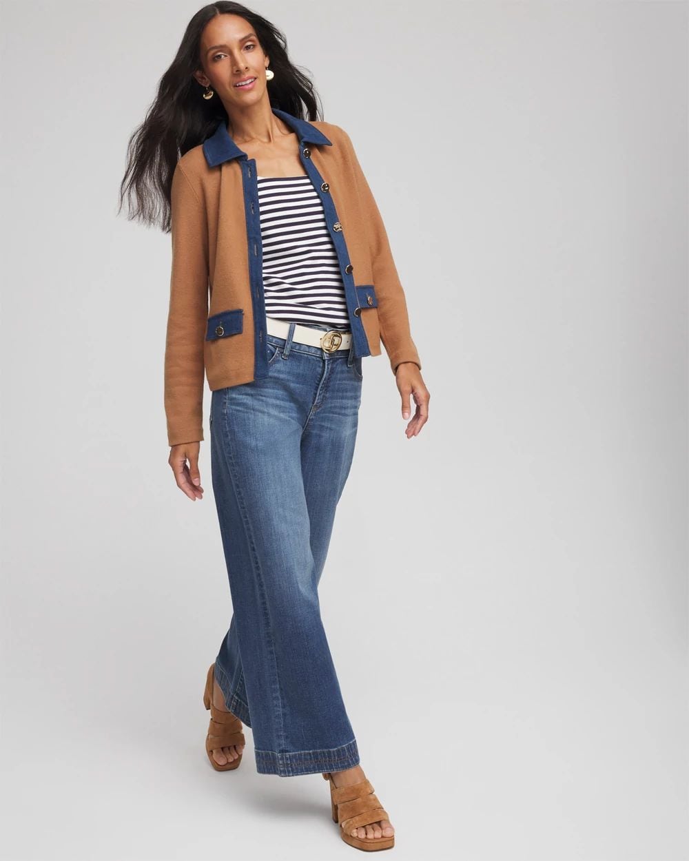 Collared Denim Trim Cardigan click to view larger image.