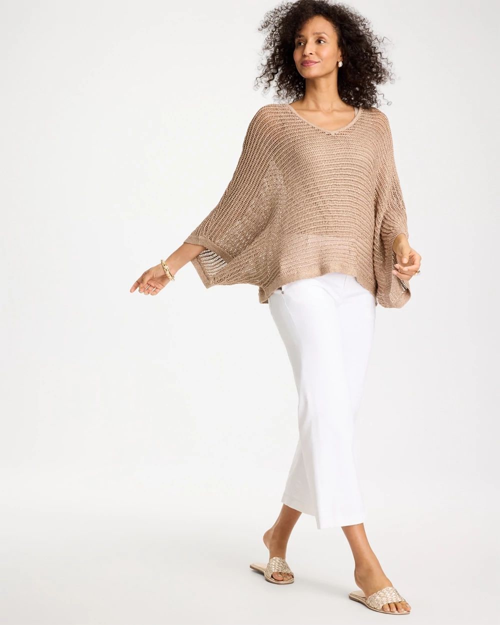 V-Neck Metallic Knit Poncho click to view larger image.
