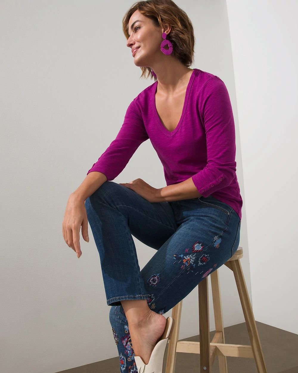3/4 Sleeve Rib Detail Slub Tee