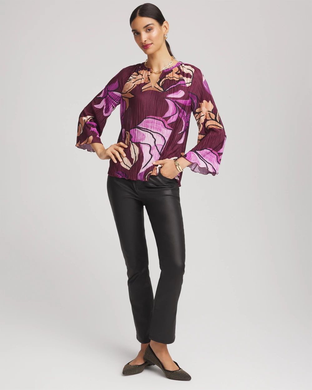 Printed Pleated V-Neck Tee
