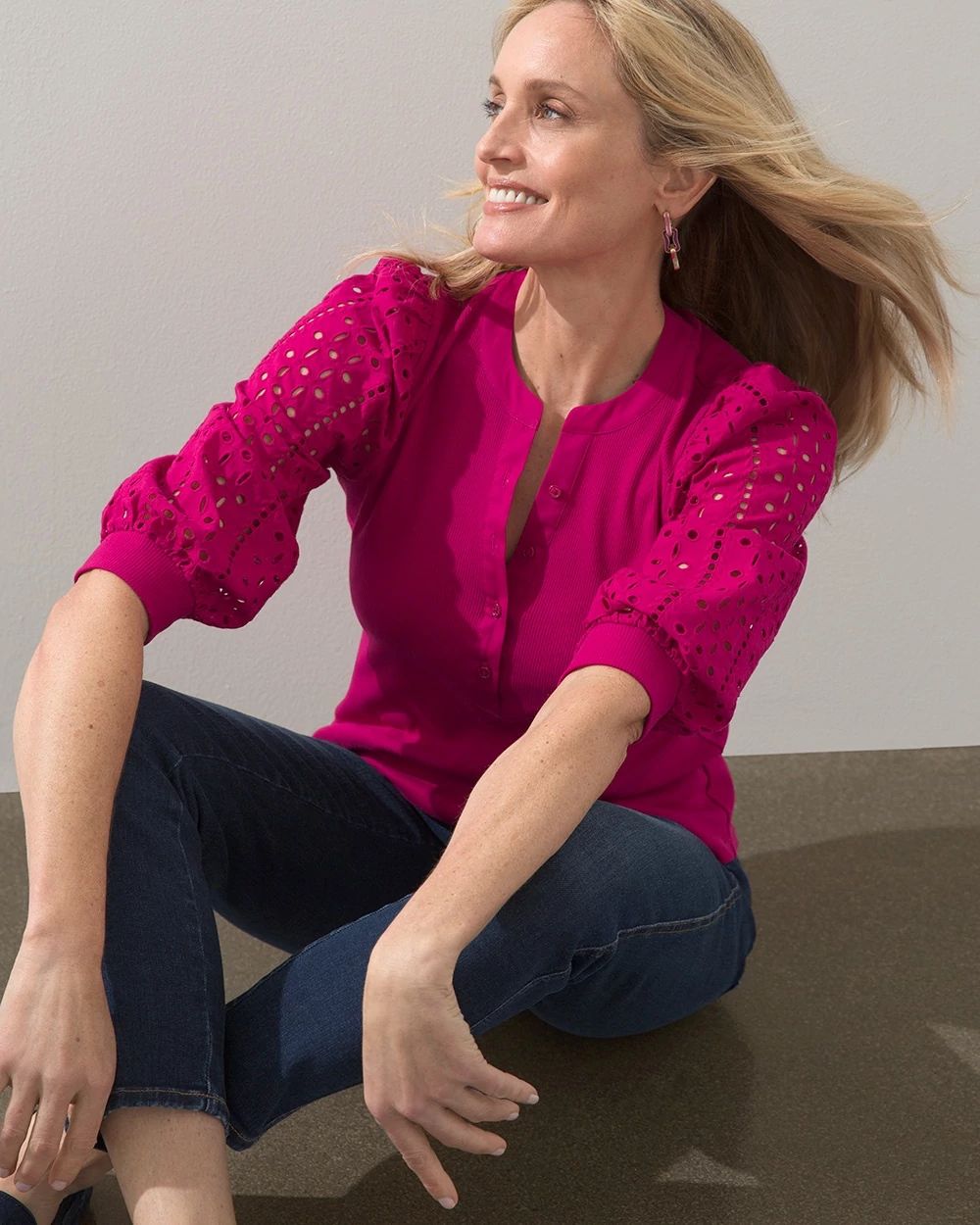 Eyelet Sleeve Ribbed Henley Tee