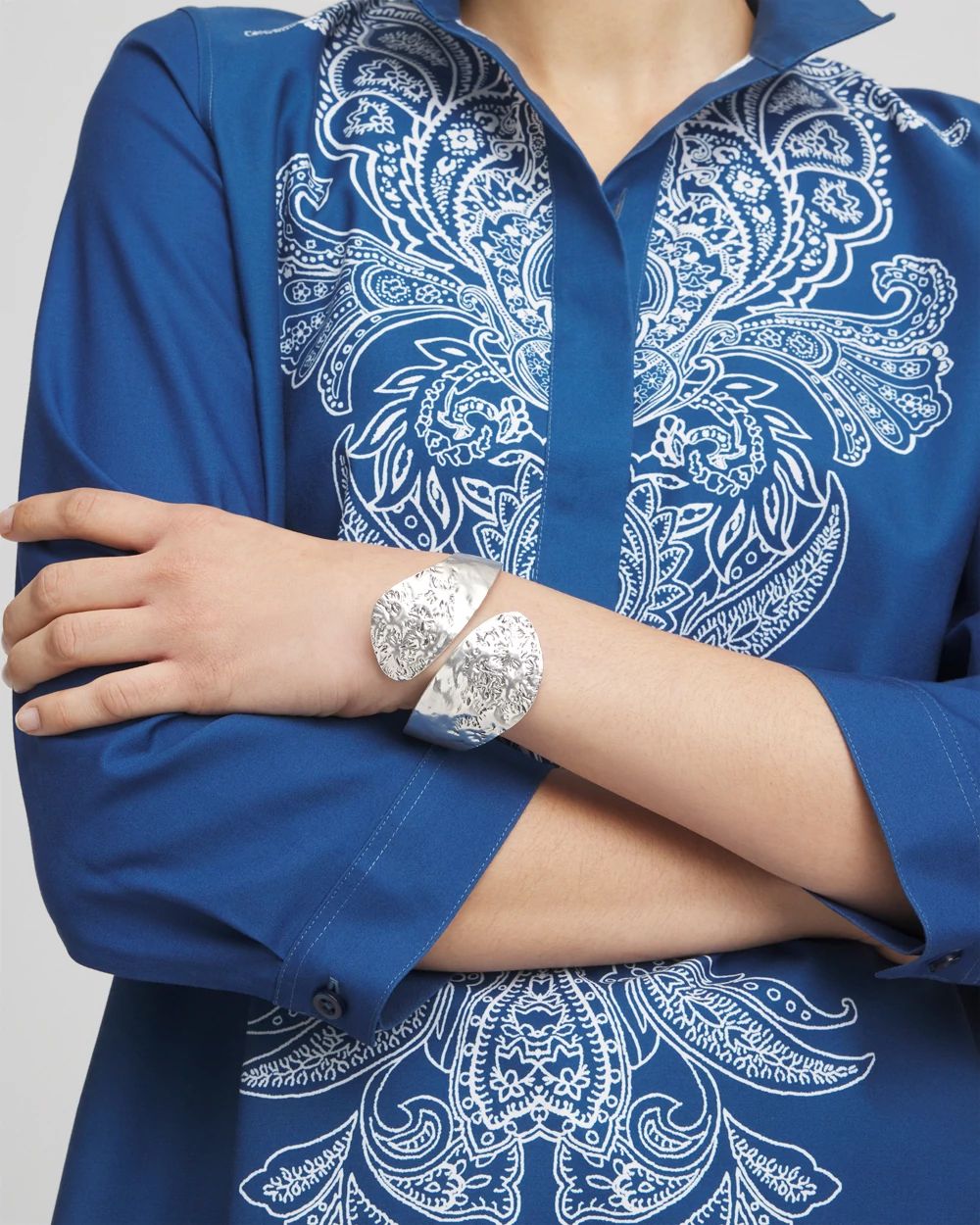 Silver Tone Leaf Cuff Hinge Bracelet