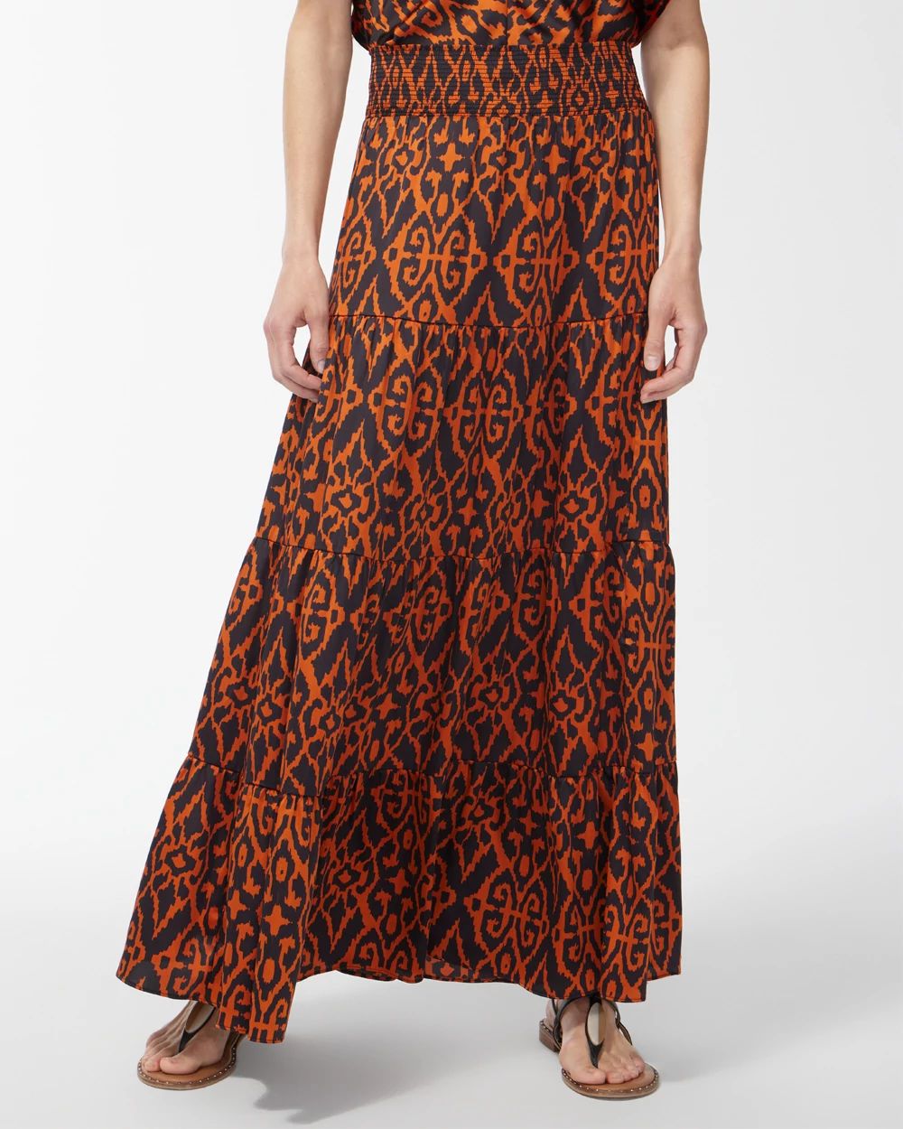 Satin Ikat Tiered Maxi Skirt