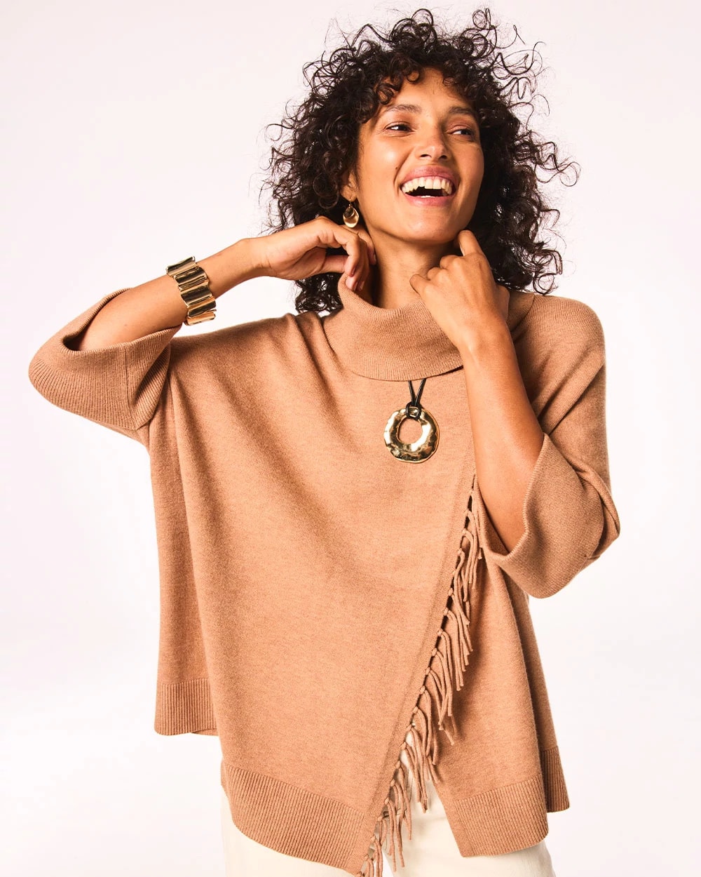 Cowlneck Knit Fringe Poncho