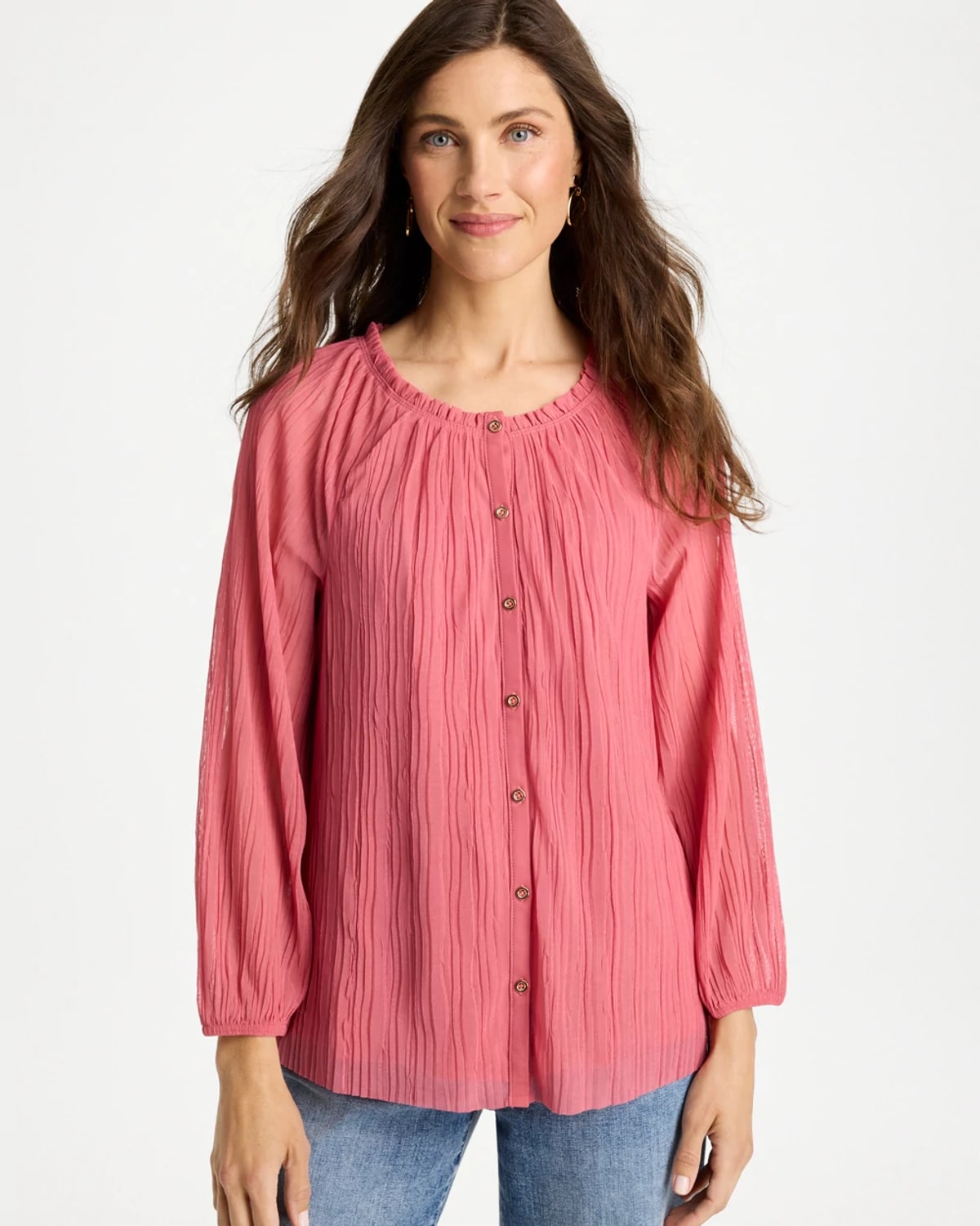 Chico's Crinkle Mesh Ruffle Neck Top In Baroque Rose