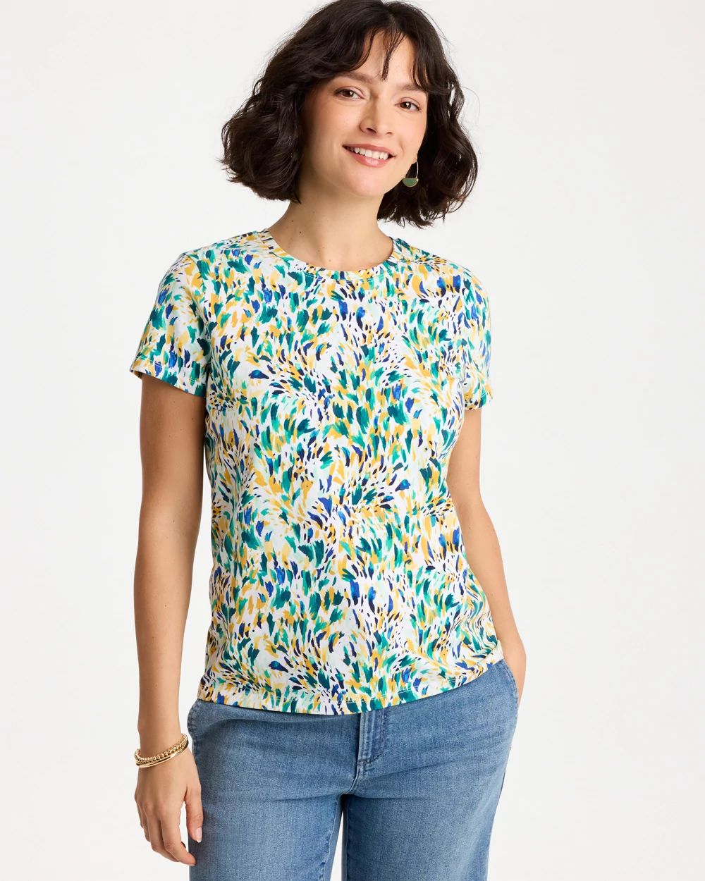 Printed Cotton Stretch Cap-Sleeve Tee