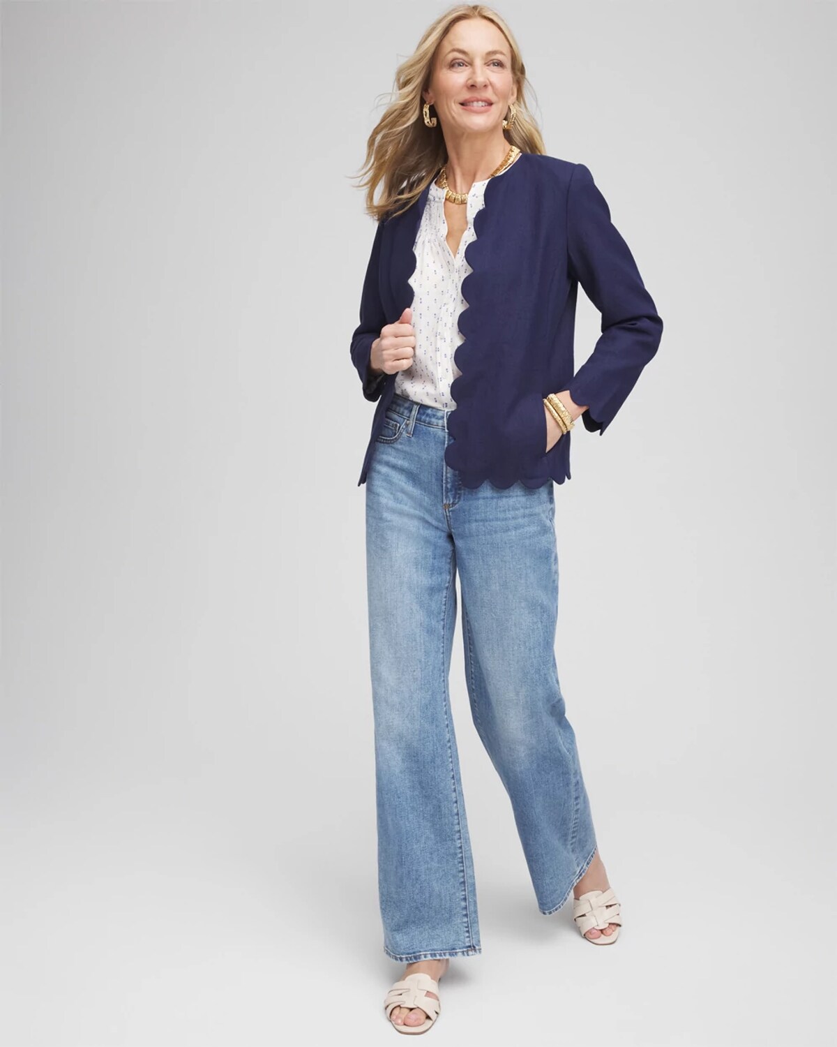 Chico's Linen Scallop-edged Jacket In Blue