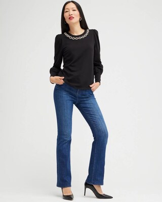 Embellished Neck Shirred Sleeve Top