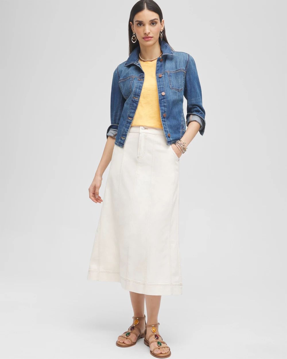 Seeded Denim Midi Skirt