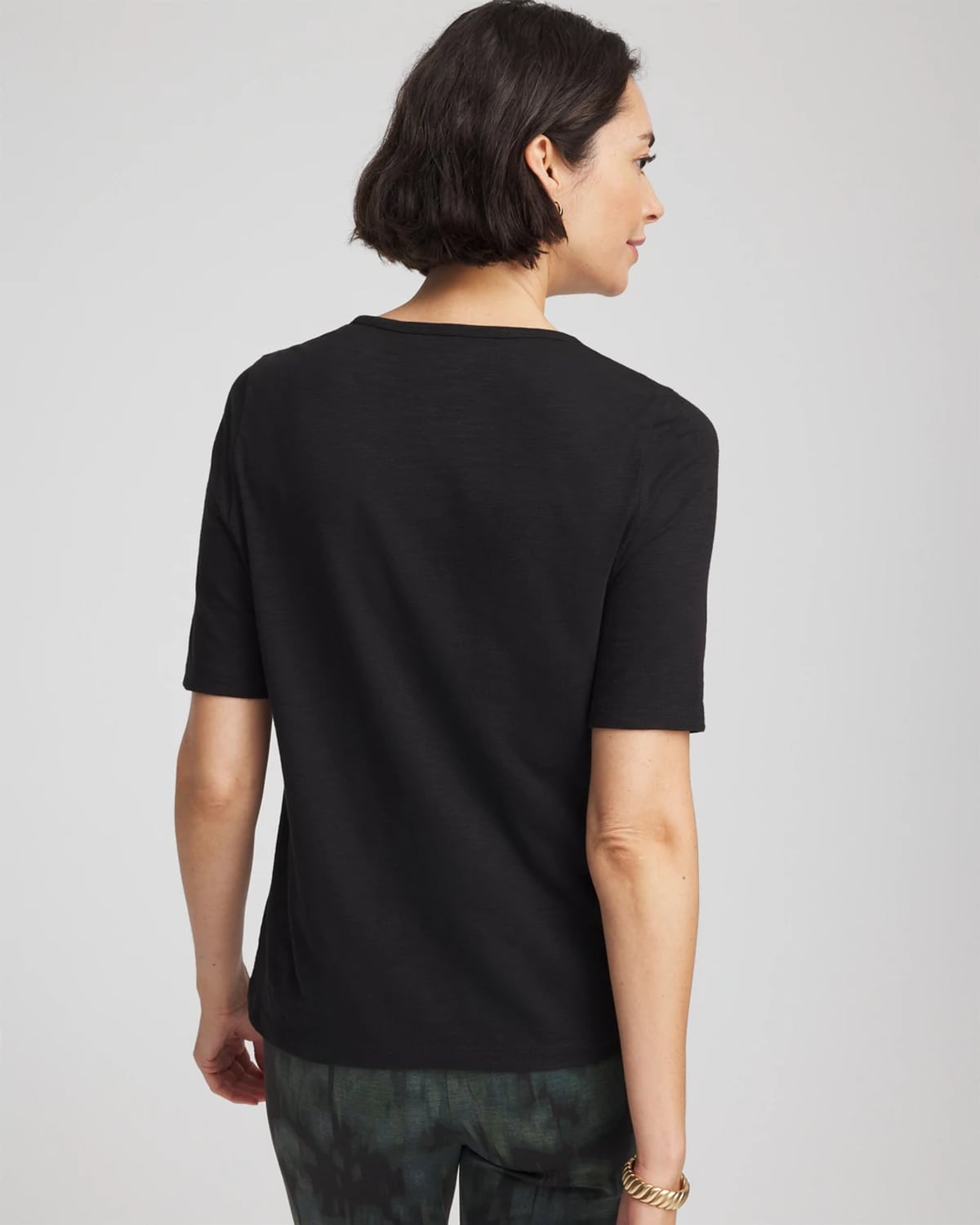 Chico's Jersey Knit Crewneck Button Tee In Black In Black