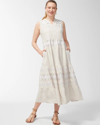 Linen Embroidered Tiered Maxi Dress