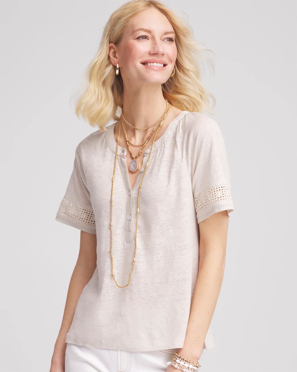 Linen Lace-Cutwork Sleeve Henley Tee
