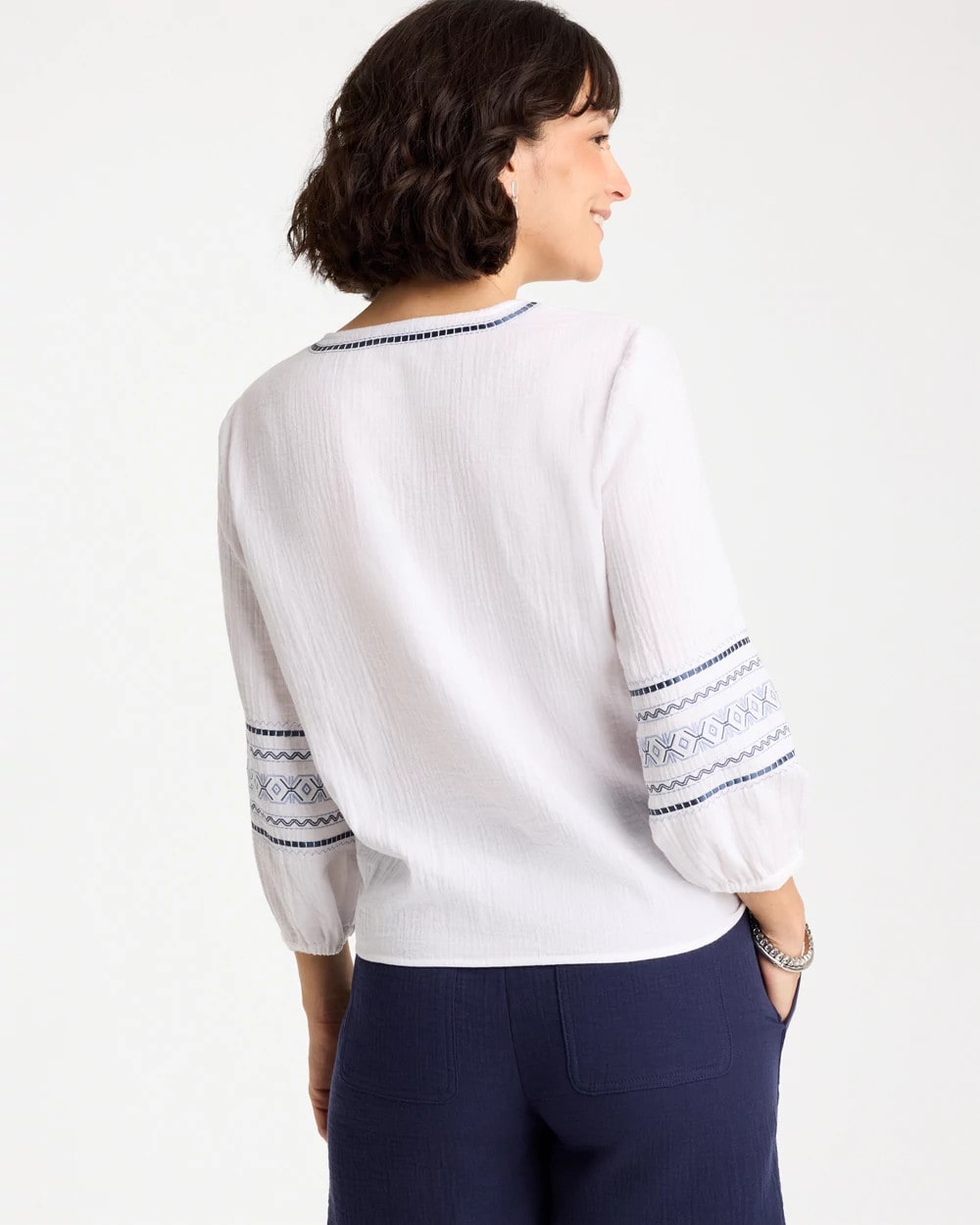 Cotton Gauze Embroidered Tie-Front Blouse