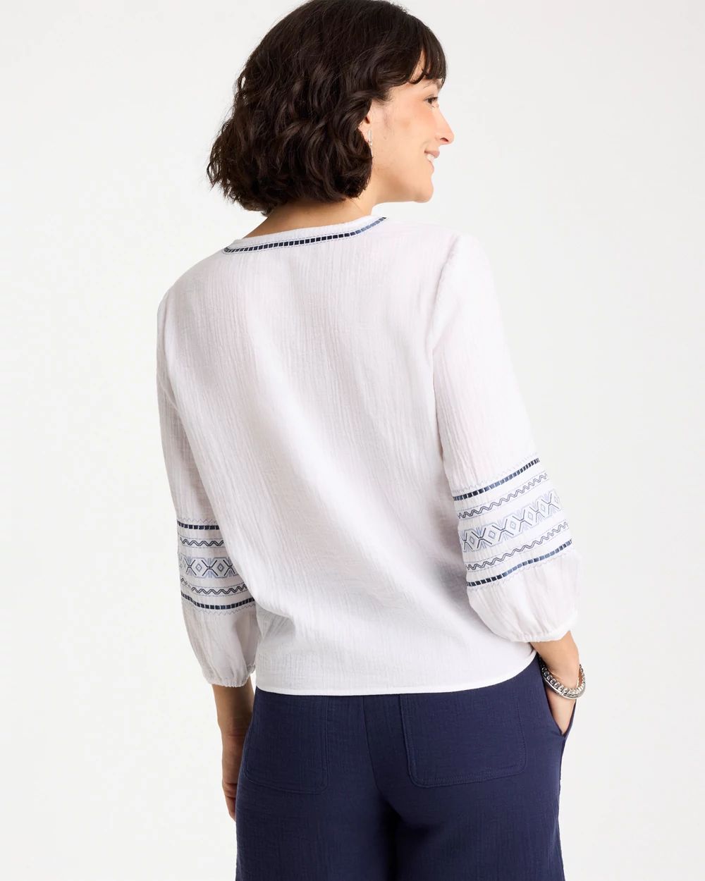 Cotton Gauze Embroidered Tie-Front Blouse click to view larger image.