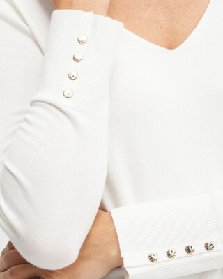 Button Cuff V-neck Pullover Sweater