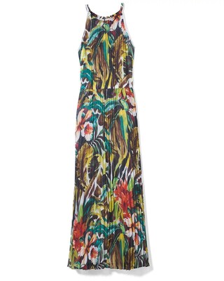 Tropical-Print Pleated Maxi Dress