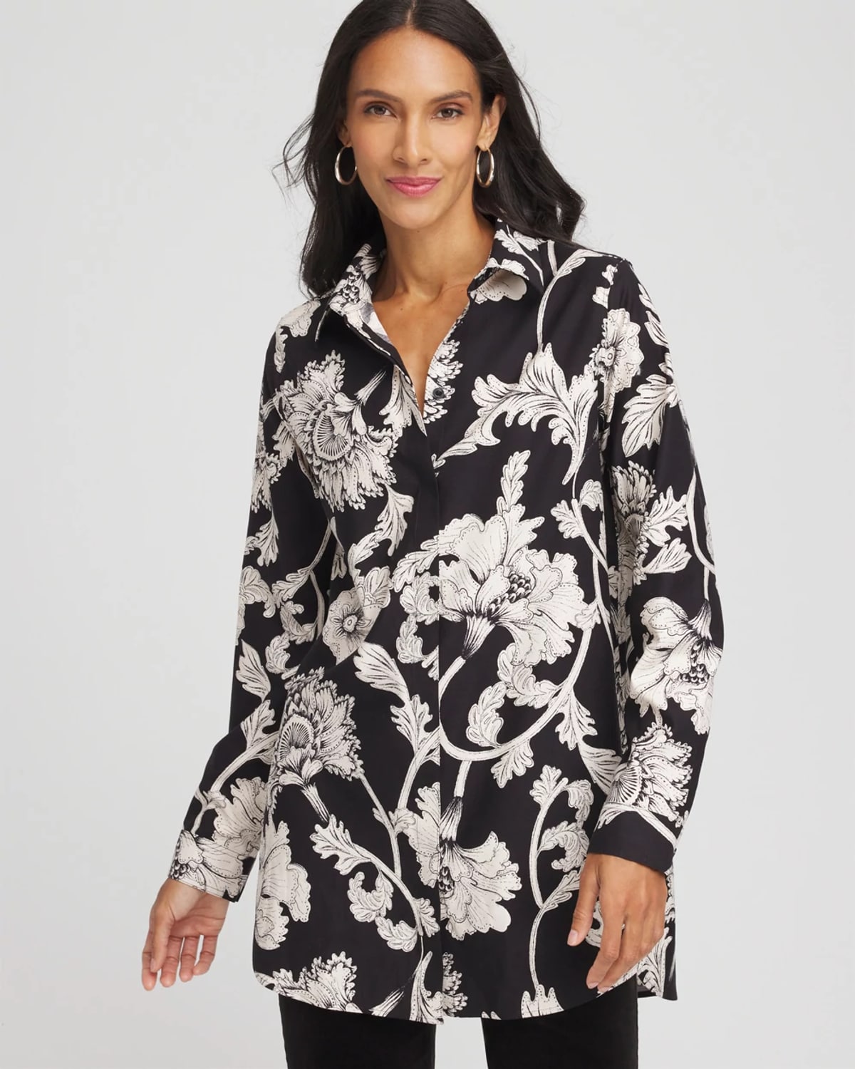 Chico's No Iron Bryne Bloom Stretch Tunic In Black In Black