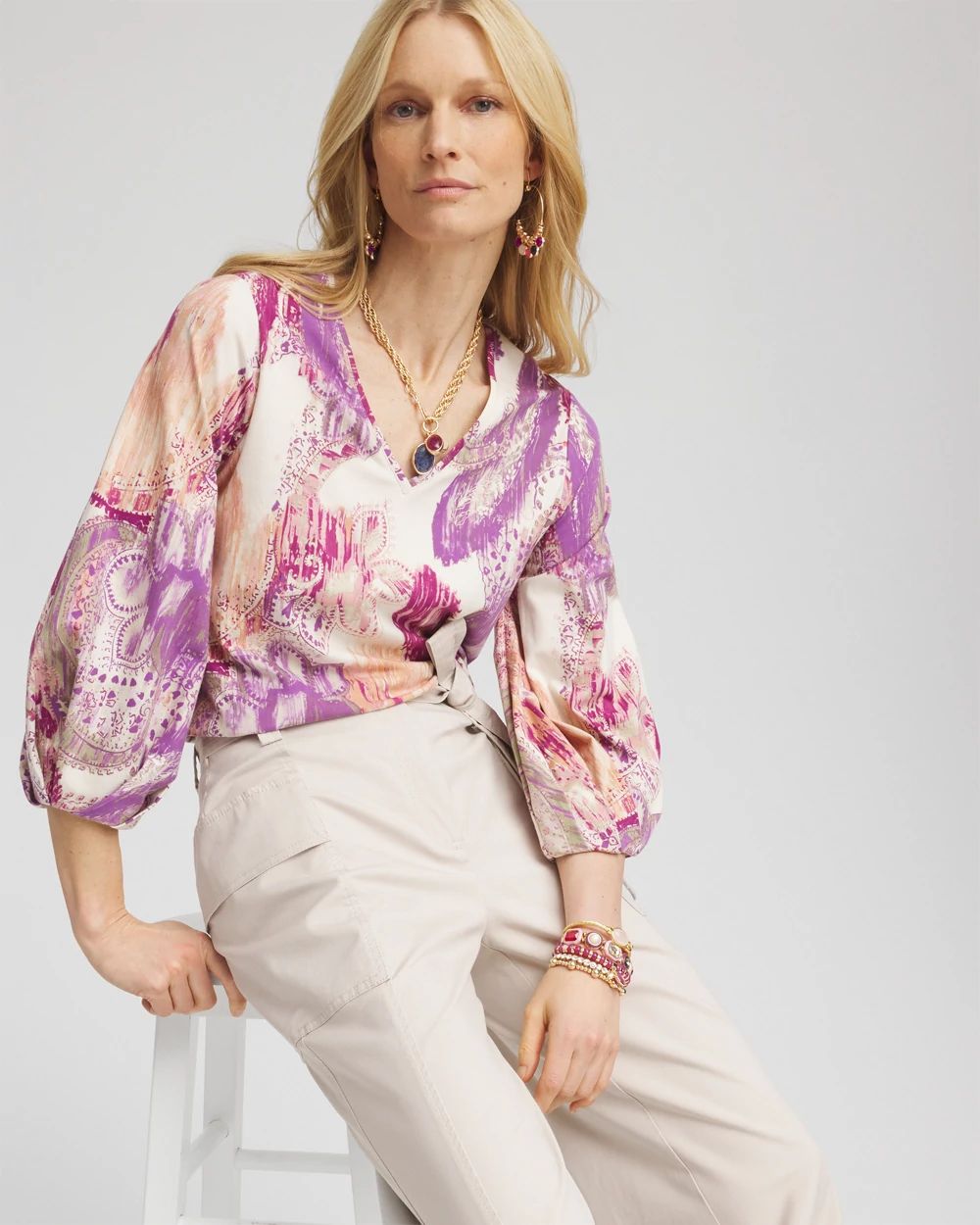 Paisley V-Neck Tuck-Sleeve Tee