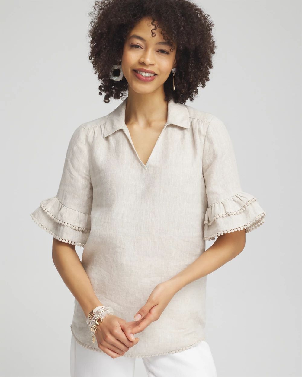Linen Ruffle Sleeve Blouse