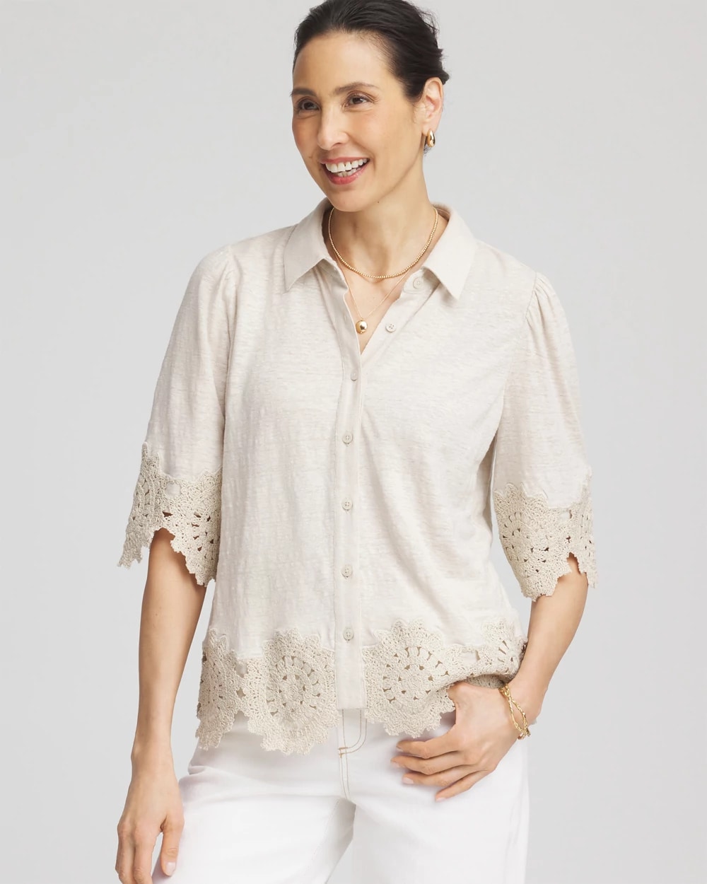Crochet Trim Linen Shirt, photo 1 of 5