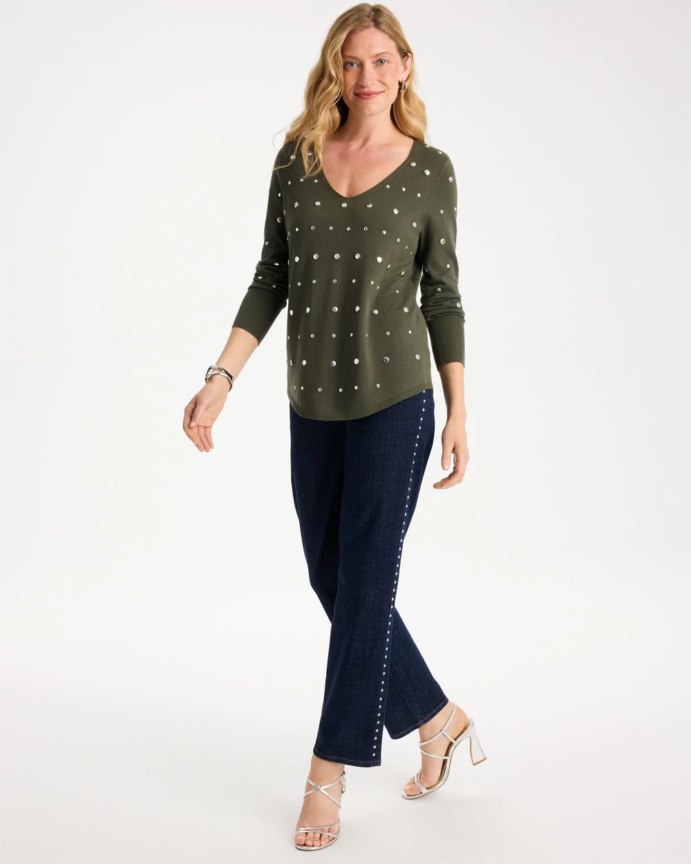 Ella Embellished V-Neck Pullover Sweater click to view larger image.