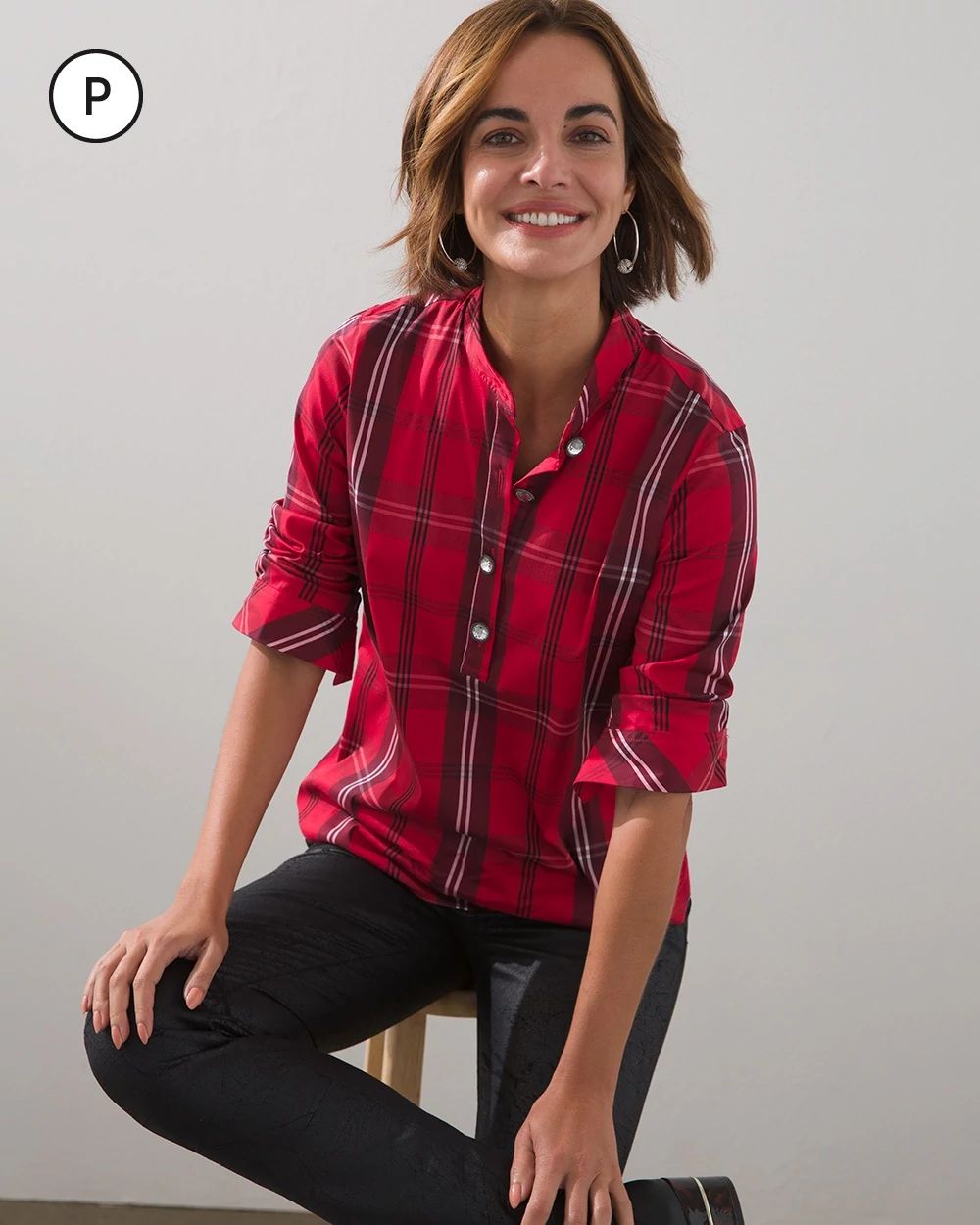 Petite Plaid Crystal-Button Shirt