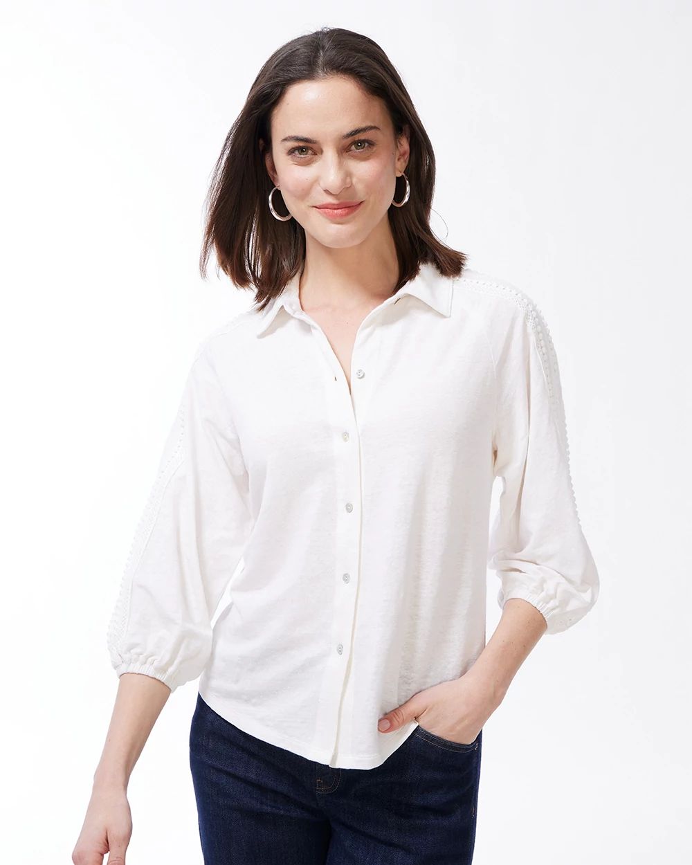 Linen-Blend Button Down Tee