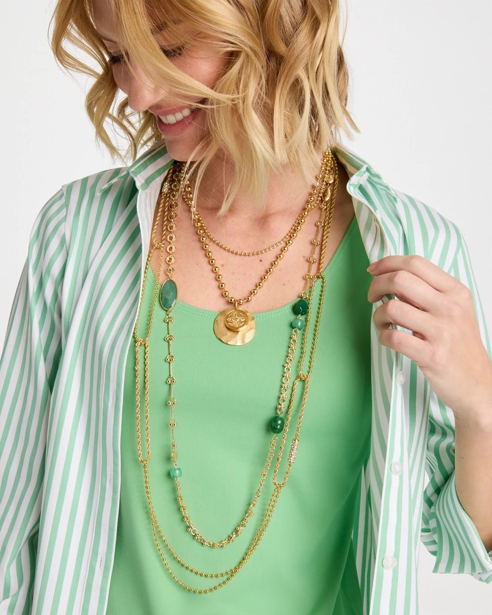 Green Accent Long Single Strand Necklace click to view larger image.