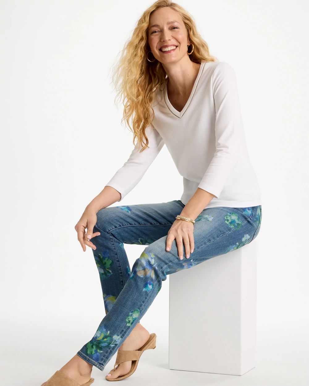 Trim Detail Cotton Stretch 3/4 Sleeve Tee click to view larger image.