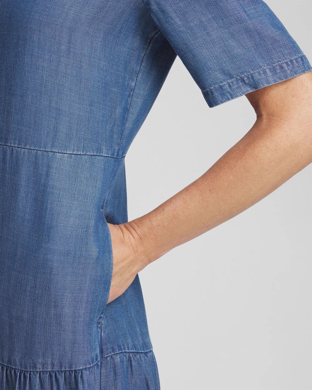 Faux Denim Tiered Shirt Dress click to view larger image.
