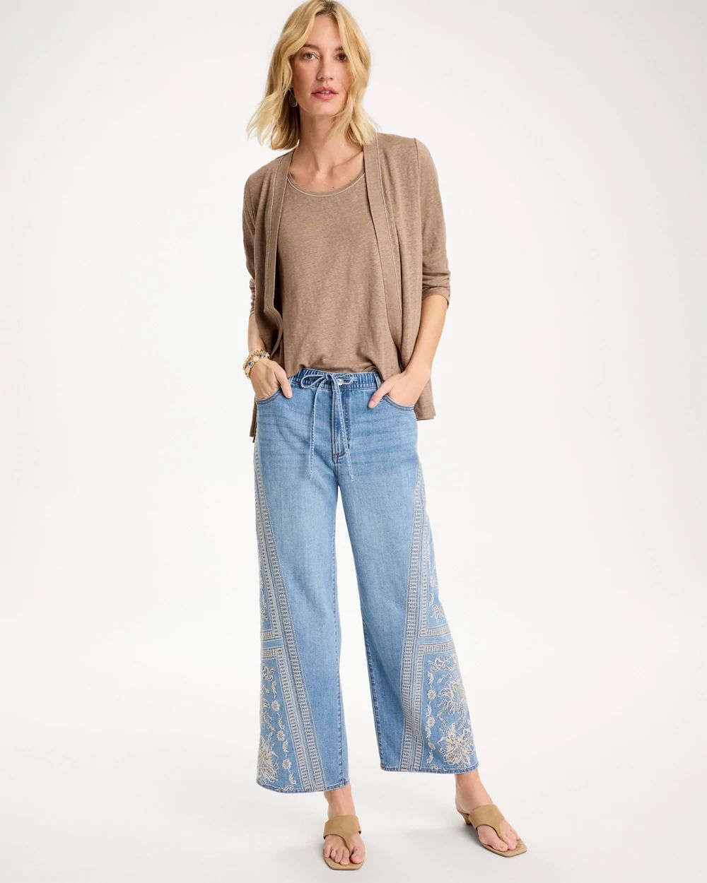 Floral Geo Wide-Leg Drawstring Jeans