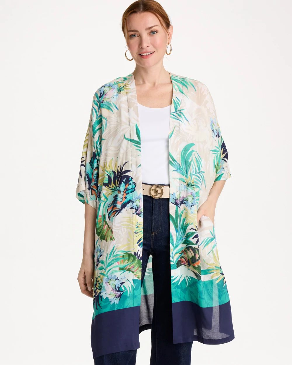 Printed Smocked Long Kimono