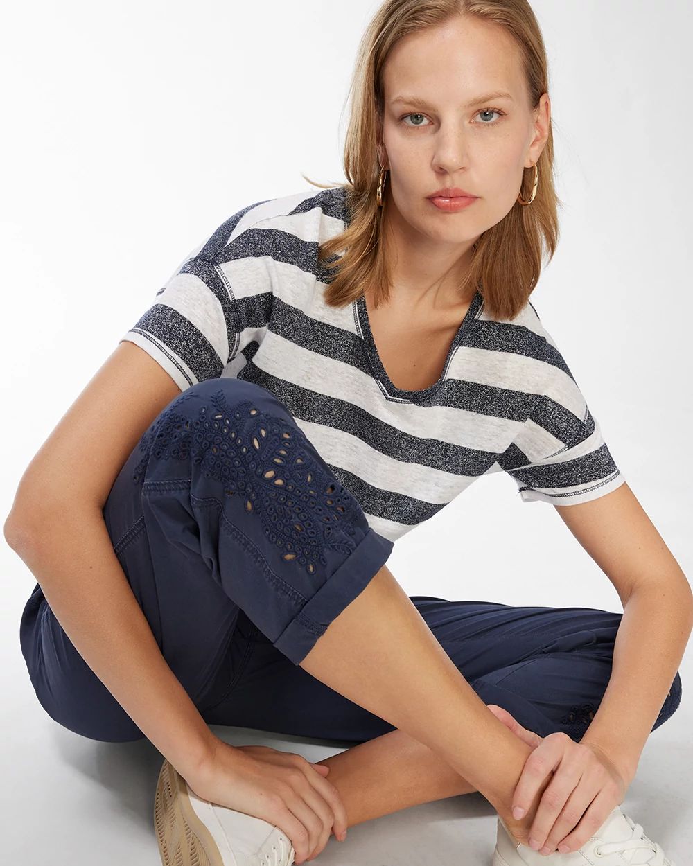 Blue Eyelet Convertible Hem Crops