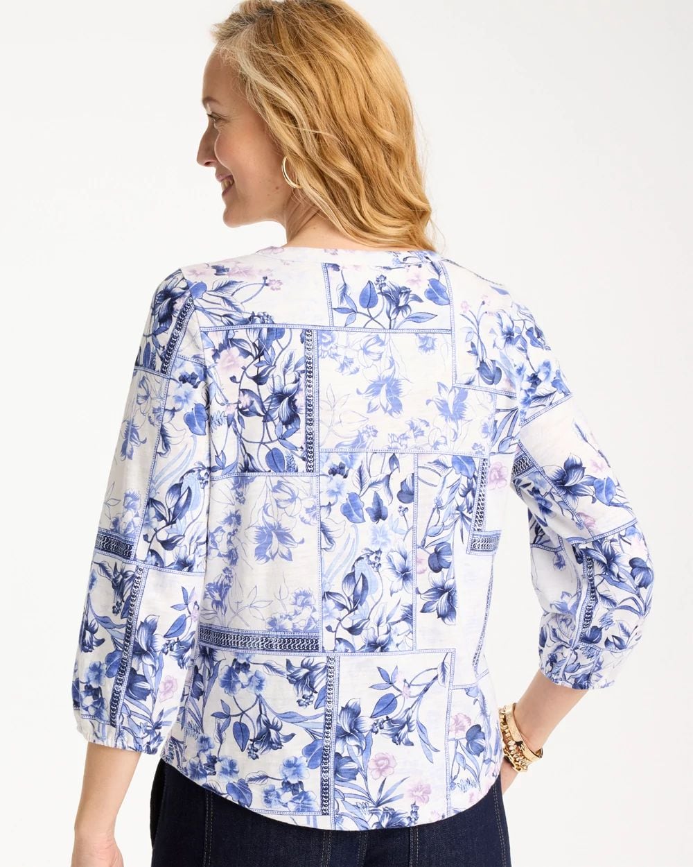 Elle Puff Sleeve Cotton Slub Henley Tee click to view larger image.