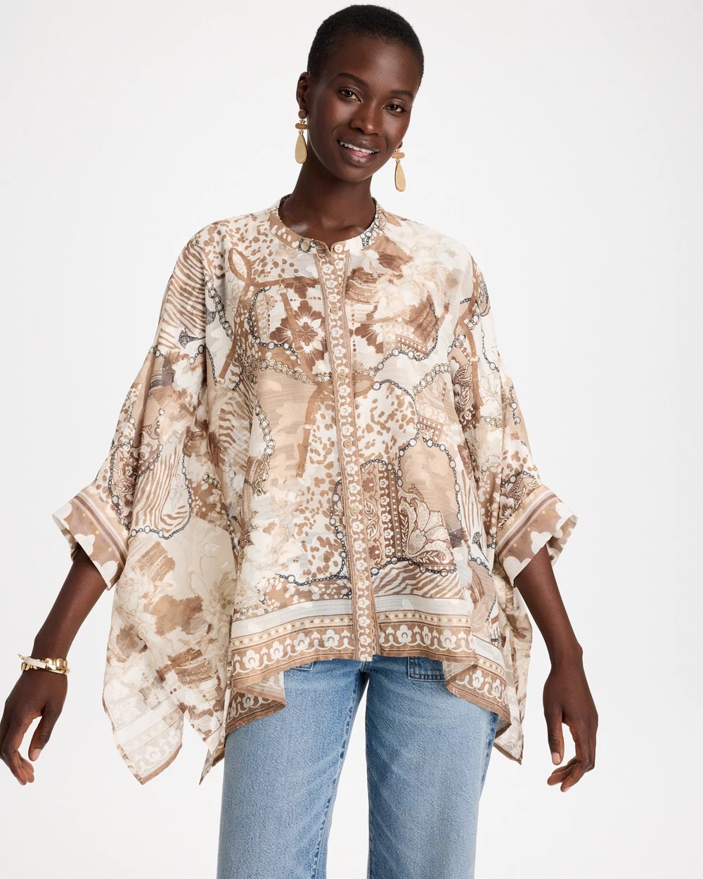 Printed Button-Down Poncho