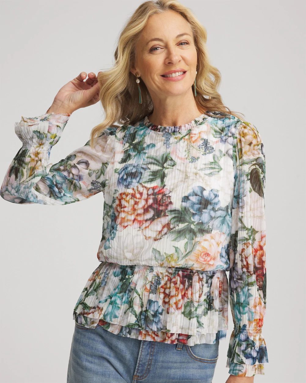 Rose-Print Crinkle Mockneck Tee