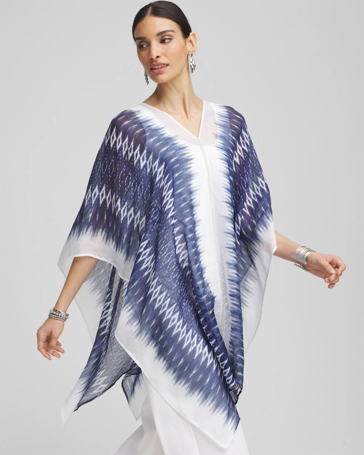 Chico's Long Embellished Linen Kaftan In Blue