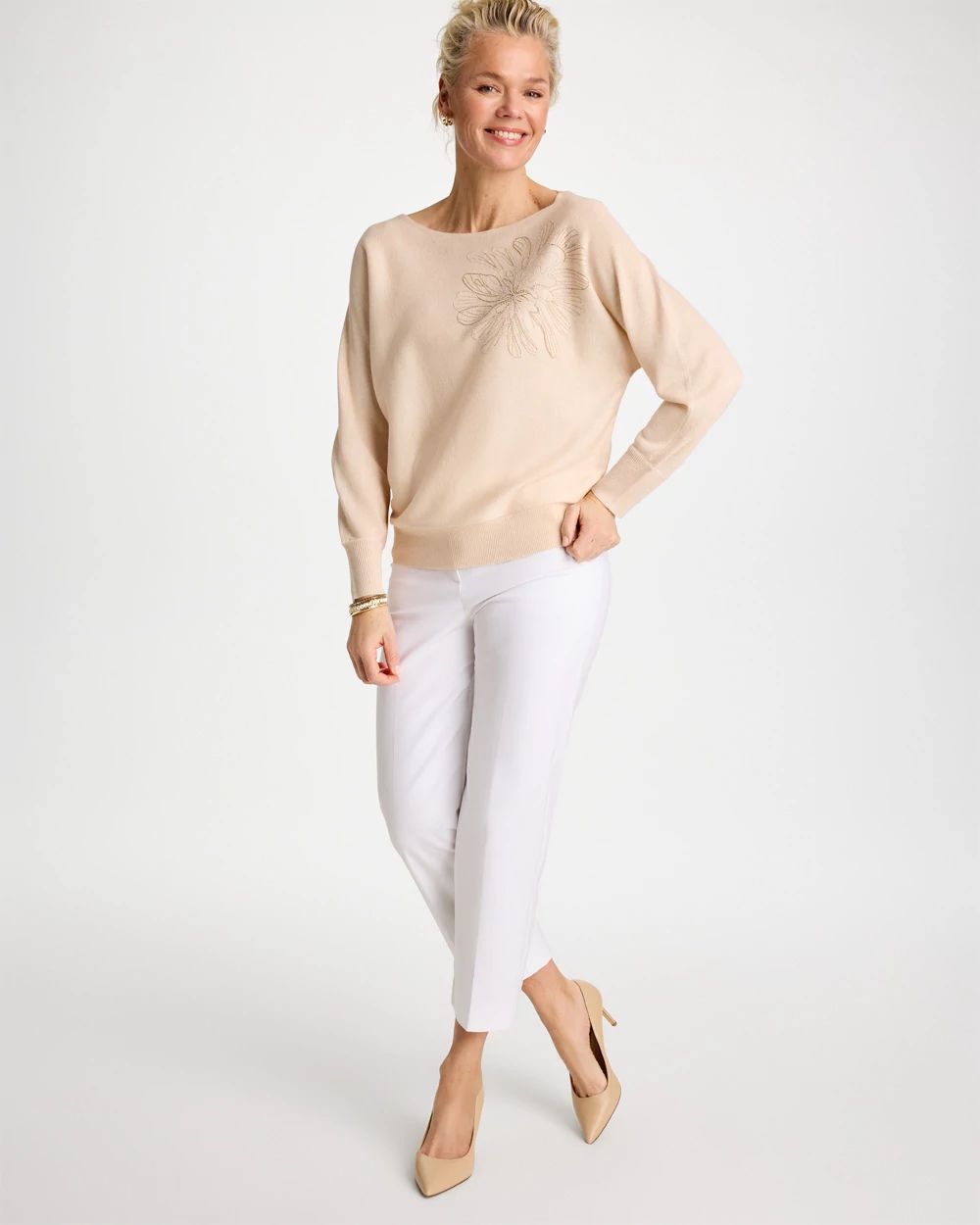 Embroidered 3/4 Sleeve Sweater click to view larger image.