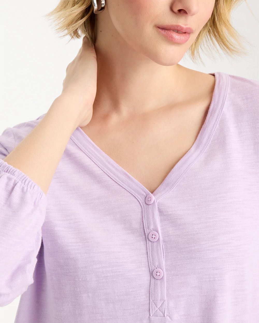 Puff Sleeve Cotton Slub Henley Tee click to view larger image.