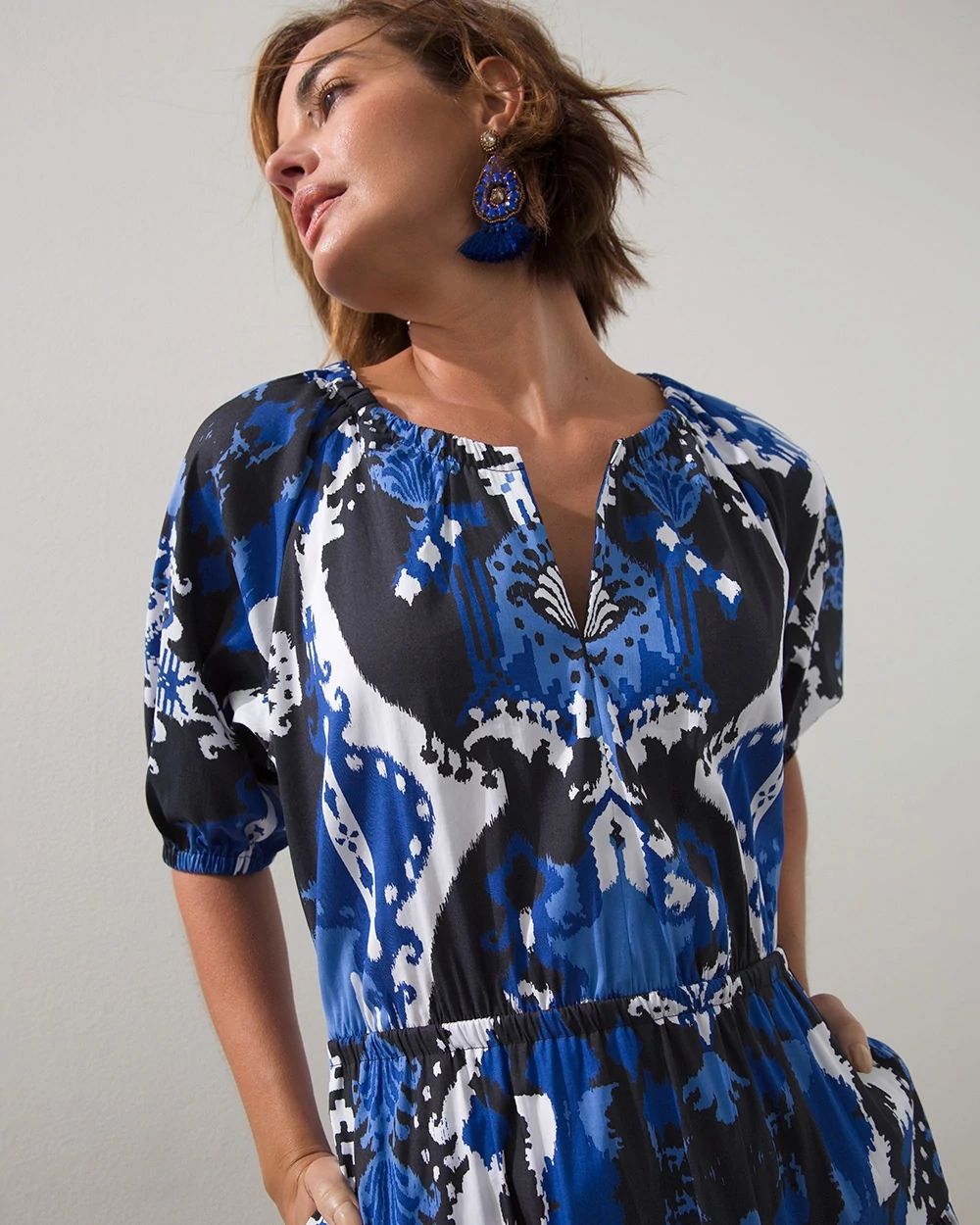 Ikat Puff Sleeve Tiered Dress