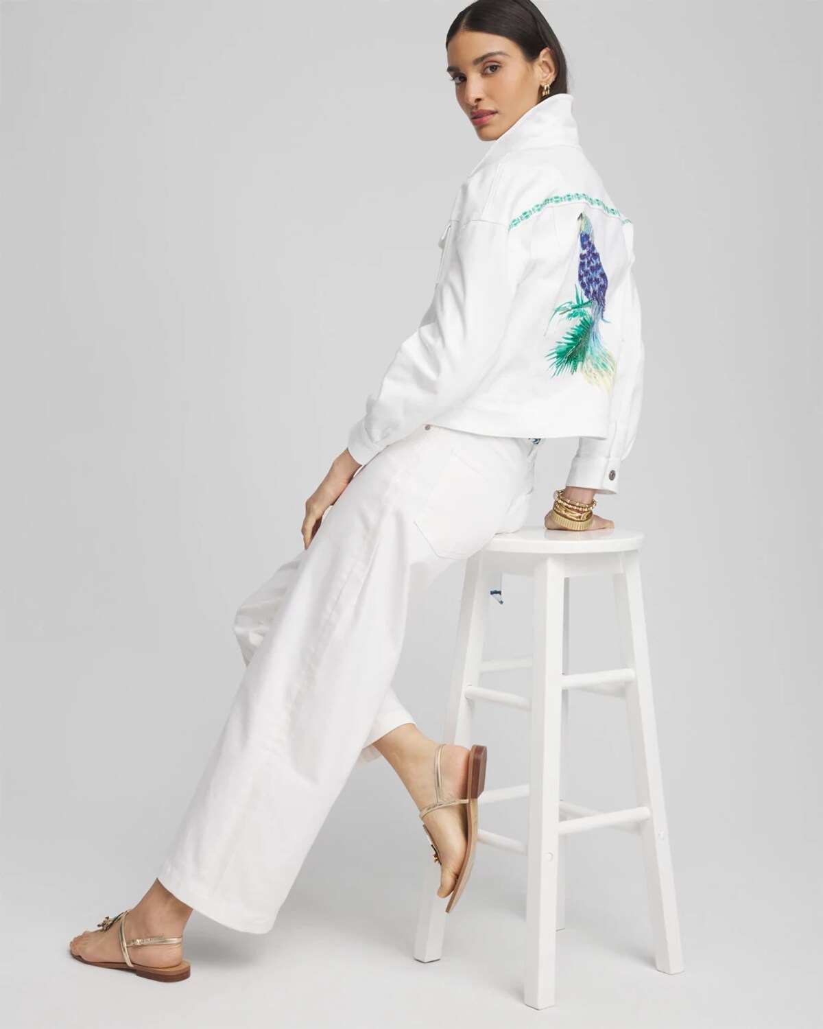 Chico's Embroidered Relaxed Denim Jacket In White In White