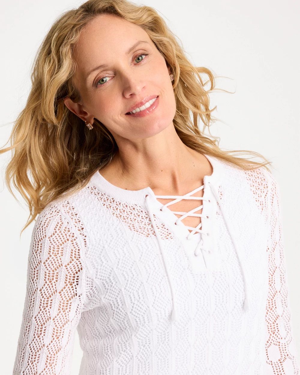 Cotton-Linen Lace Notch-Neck Sweater click to view larger image.